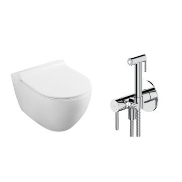 Pachet vas wc suspendat Fluminia, capac softclose si set dus igiena intima crom cu baterie incastrata Omnires Y
