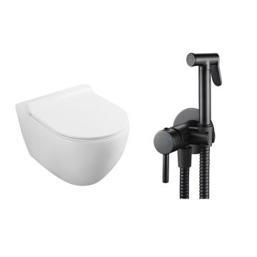 Pachet vas wc suspendat Fluminia, capac softclose si set dus igiena intima negru cu baterie incastrata Rea Loop