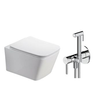 Pachet vas wc suspendat Fluminia Paris, capac softclose si set dus igiena intima crom cu baterie incastrata Omnires Y