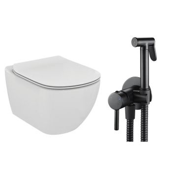 Pachet vas wc suspendat Ideal Standard Tesi, capac softclose si set dus igiena intima negru cu baterie incastrata Rea Loop