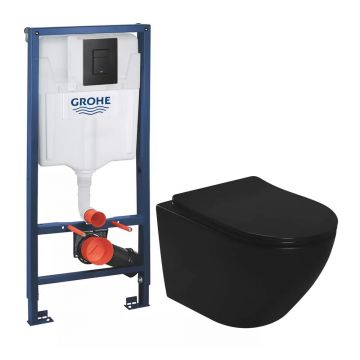 Pachet vas wc suspendat Rea Carlo, capac softclose, rezervor Grohe Rapid SL si clapeta Grohe Even negru mat