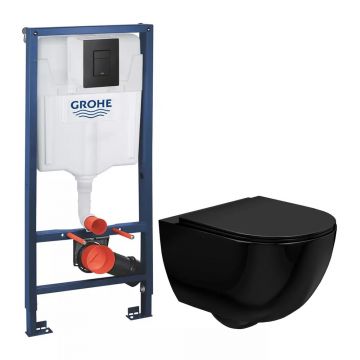 Pachet vas wc suspendat Rea Carlo, capac softclose, rezervor Grohe Rapid SL si clapeta Grohe Even negru