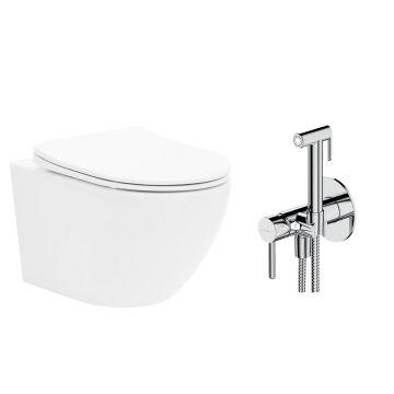 Pachet vas wc suspendat Rea Carlo Mini Basic, capac softclose si set dus igiena intima crom cu baterie incastrata Omnires Y