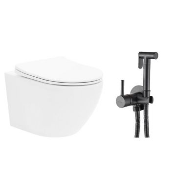 Pachet vas wc suspendat Rea Carlo Mini Basic, capac softclose si set dus igiena intima negru cu baterie incastrata Invena Bidetta