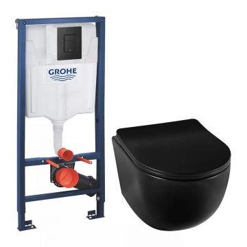 Pachet vas wc suspendat rimless Balneo Luna, capac softclose, rezervor Grohe Rapid SL si clapeta Grohe Even negru mat