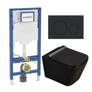 Set rezervor incastrat Geberit Duofix cu set fixare si clapeta Sigma01 negru lucios plus vas WC Rune Jord cu capac softclose