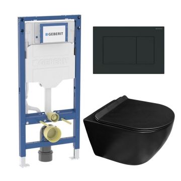 Set rezervor incastrat Geberit Duofix cu set fixare si clapeta Sigma20 negru mat plus vas WC Rune Ivaldi Grande cu capac softclose