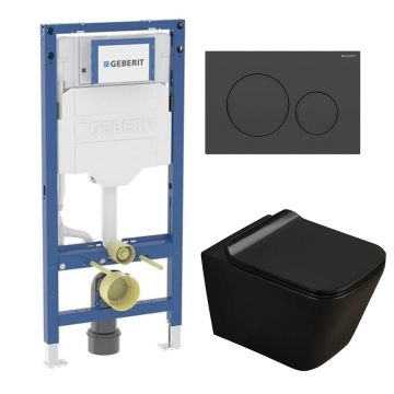 Set rezervor incastrat Geberit Duofix cu set fixare si clapeta Sigma20 negru mat plus vas WC Rune Jord cu capac softclose