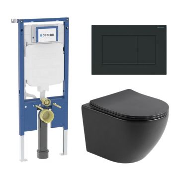 Set rezervor incastrat Geberit Duofix cu sistem de prindere, clapeta neagra Sigma20 dreptungiulara plus vas WC suspendat Rune Ivaldi cu capac softclose