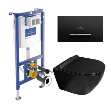 Set rezervor WC cu cadru incastrat Villeroy&Boch ViConnect si clapeta de actionare ViConnect 300S negru mat plus vas WC Rune Ivaldi Grande cu capac softclose