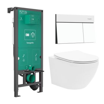 Rezervor incastrat Hansgrohe iFrame 112 cm cu clapeta iFrame Element E alb mat plus vas WC Rune Ivaldi alb cu capac softclose