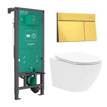 Rezervor incastrat Hansgrohe iFrame 112 cm cu clapeta iFrame Element E auriu lucios plus vas WC Rune Ivaldi alb cu capac softclose