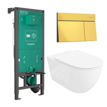 Rezervor incastrat Hansgrohe iFrame 112 cm cu clapeta iFrame Element E auriu lucios plus vas WC Rune Ivaldi Grande alb cu capac softclose