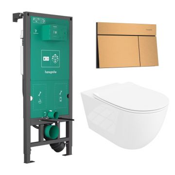 Rezervor incastrat Hansgrohe iFrame 112 cm cu clapeta iFrame Element E bronz periat plus vas WC Rune Ivaldi Grande alb cu capac softclose