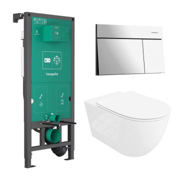 Rezervor incastrat Hansgrohe iFrame 112 cm cu clapeta iFrame Element E crom lucios plus vas WC Rune Ivaldi Grande alb cu capac softclose