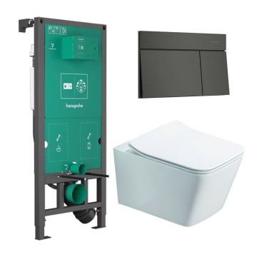Rezervor incastrat Hansgrohe iFrame 112 cm cu clapeta iFrame Element E negru periat plus vas WC Rune Jord alb cu capac softclose