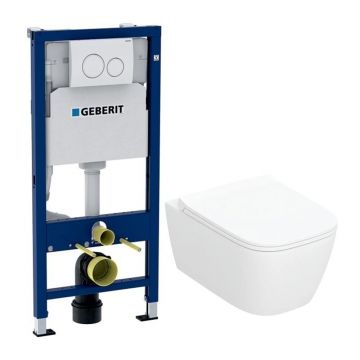 Rezervor WC cu cadru incastrat Geberit Duofix cu clapeta alba Delta20 si vas WC suspendat Smyle TurboFlush alb cu capac softclose
