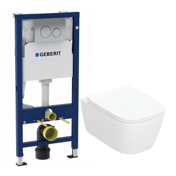 Rezervor WC cu cadru incastrat Geberit Duofix cu clapeta crom Delta20 si vas WC suspendat Smyle TurboFlush alb si capac softclose