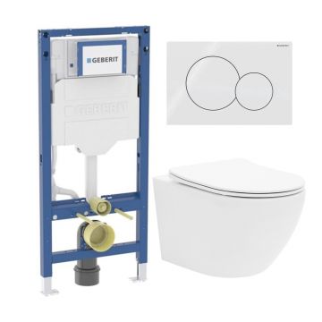 Rezervor WC cu cadru incastrat Geberit Duofix UP320 cu sistem de fixare, clapeta de actionare Sigma01 alb alpin plus vas WC Rune Ivaldi alb cu capac softclose