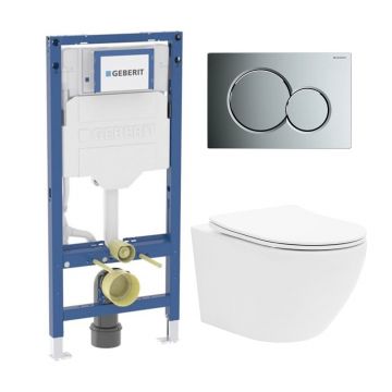 Rezervor WC cu cadru incastrat Geberit Duofix UP320 cu sistem de fixare, clapeta de actionare Sigma01 crom plus vas WC Rune Ivaldi alb cu capac softclose