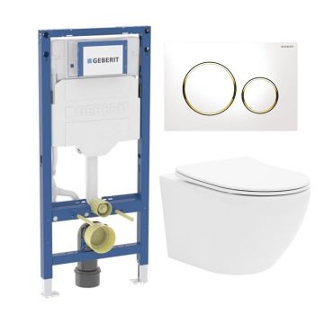 Rezervor WC cu cadru incastrat Geberit Duofix UP320 cu sistem de fixare, clapeta de actionare Sigma20 alb-auriu plus vas WC Rune Ivaldi alb cu capac softclose