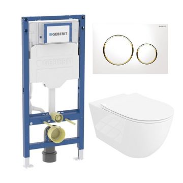 Rezervor WC cu cadru incastrat Geberit Duofix UP320 cu sistem de fixare, clapeta de actionare Sigma20 alb-auriu plus vas WC Rune Ivaldi Grande alb cu capac softclose
