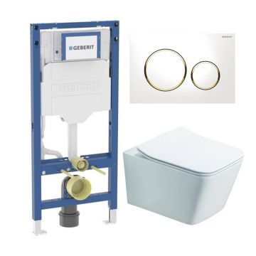 Rezervor WC cu cadru incastrat Geberit Duofix UP320 cu sistem de fixare, clapeta de actionare Sigma20 alb-auriu plus vas WC Rune Jord alb cu capac softclose