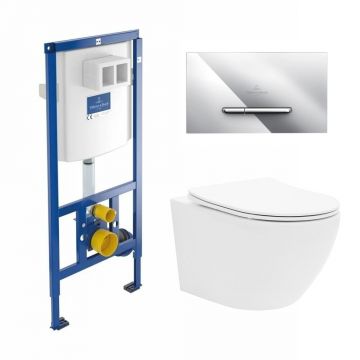 Rezervor WC cu cadru incastrat Villeroy&Boch 112 cm cu clapeta ViConnect crom plus vas WC Rune Ivaldi alb cu capac softclose