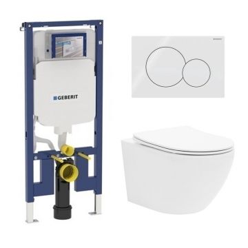 Set rezervor incastrat Geberit Duofix Sigma cu set de fixare, clapeta alba Sigma01 plus vas WC Rune Ivaldi alb cu capac slim softclose