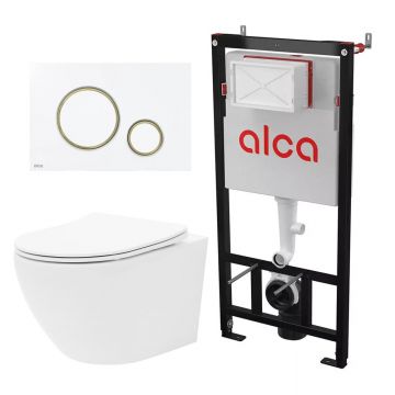 Set rezervor WC cu cadru incastrat Alca AM101/1120 si clapeta de actionare Thin M775 alb - auriu plus vas WC Rune Ivaldi alb cu capac softclose