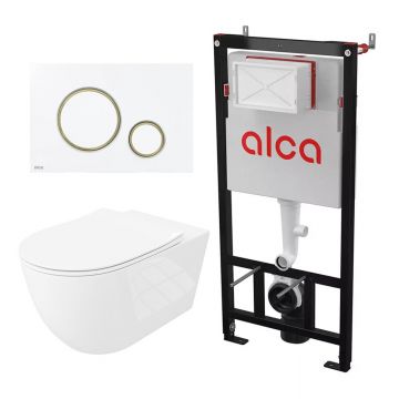 Set rezervor WC cu cadru incastrat Alca AM101/1120 si clapeta de actionare Thin M775 alb - auriu plus vas WC Rune Ivaldi Grande alb cu capac softclose