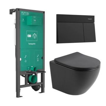 Set rezervor WC cu cadru incastrat Hansgrohe iFrame 112 cm si clapeta de actionare Element E negru mat plus vas WC Rune Ivaldi cu capac softclose