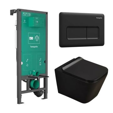 Set rezervor WC cu cadru incastrat Hansgrohe iFrame 112 cm si clapeta de actionare iFrame Original Q negru mat plus vas WC Rune Jord cu capac softclose