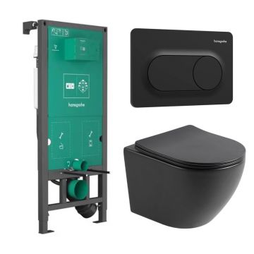 Set rezervor WC cu cadru incastrat Hansgrohe iFrame 112 cm si clapeta de actionare iFrame Original S negru mat plus vas WC Rune Ivaldi cu capac softclose