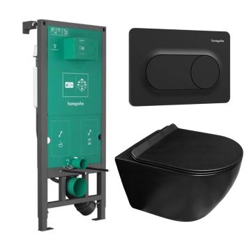 Set rezervor WC cu cadru incastrat Hansgrohe iFrame 112 cm si clapeta de actionare iFrame Original S negru mat plus vas WC Rune Ivaldi Grande cu capac softclose