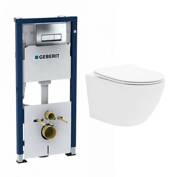 Set rezervor WC incastrat cu set fixare Geberit Duofix Up100 si clapeta Delta crom plus vas WC Rune Ivaldi alb cu capac slim softclose