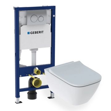 Set promo vas wc suspendat + capac slim softclose Geberit Smyle Square + rezervor incastrat cu sistem de fixare + clapeta crom Geberit Duofix Delta