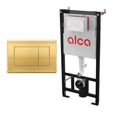 Set rezervor WC cu cadru incastrat Alcadrain AM101/1120 si clapeta de actionare Basic M275 auriu