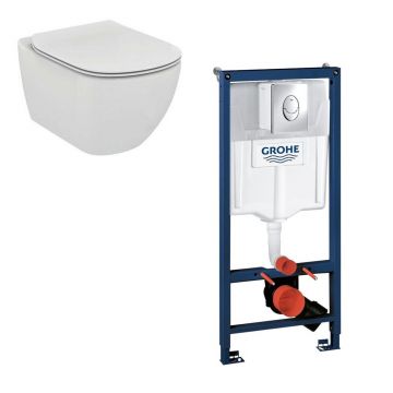 Set vas wc Ideal Standard Tesi AquaBlade cu capac soft close si rezervor Grohe cu clapeta Skate Air