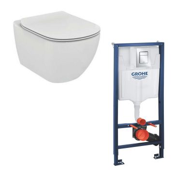 Set vas wc Ideal Standard Tesi AquaBlade cu capac soft close si rezervor Grohe cu clapeta Skate Cosmopolitan S
