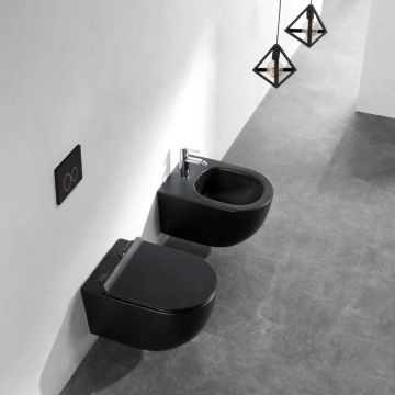 Set vas wc rimless suspendat Fluminia Minerva si capac softclose negru mat