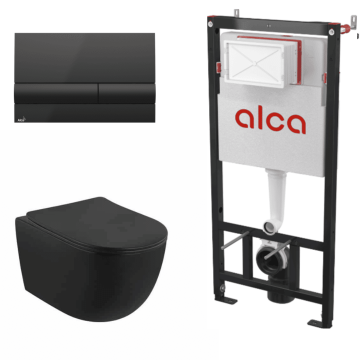 Set vas WC suspendat Fluminia Minerva negru mat cu rezervor Alca si clapeta neagra Set vas WC suspendat Fluminia Minerva negru mat cu rezervor Alca si clapeta neagra
