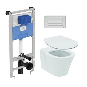Set vas wc suspendat Ideal Standard Connect Air Aquablade capac Slim inchidere lenta rezervor cu cadru ProSys si clapeta Oleas M1 crom