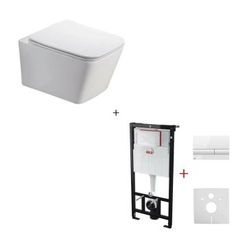 Set rezervor incastrat Alcadrain cu clapeta si vas WC suspendat Fluminia Paris cu capac softclose