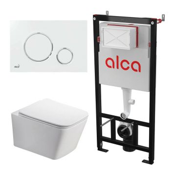 Set rezervor WC cu cadru incastrat Alcadrain AM101/1120 si clapeta M770 alb plus vas WC Fluminia Paris cu capac softclose