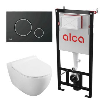 Set rezervor WC cu cadru incastrat Alcadrain AM101/1120 si clapeta M778 negru plus vas WC Fluminia Minerva cu capac softclose alb