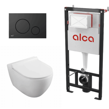 Set vas WC suspendat Fluminia Minerva Alb cu rezervor Alcadrain si clapeta negru mat