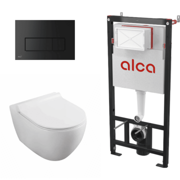 Set vas WC suspendat Fluminia Minerva Alb cu rezervor Alca si clapeta negru mat Set vas WC suspendat Fluminia Minerva Alb cu rezervor Alca si clapeta negru mat