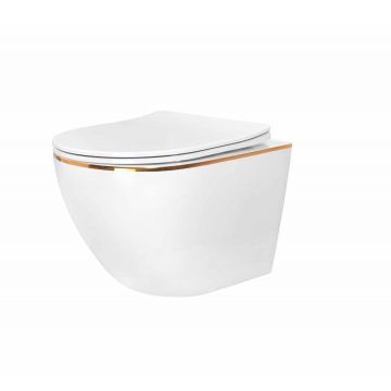 Vas WC suspendat REA Carlo Gold Edge rimless cu capac slim Soft close