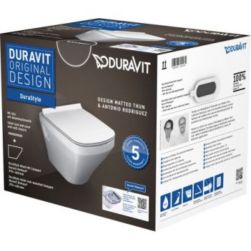 Set vas WC suspendat Duravit Durastyle Rimless Compact si capac inchidere lenta la reducere